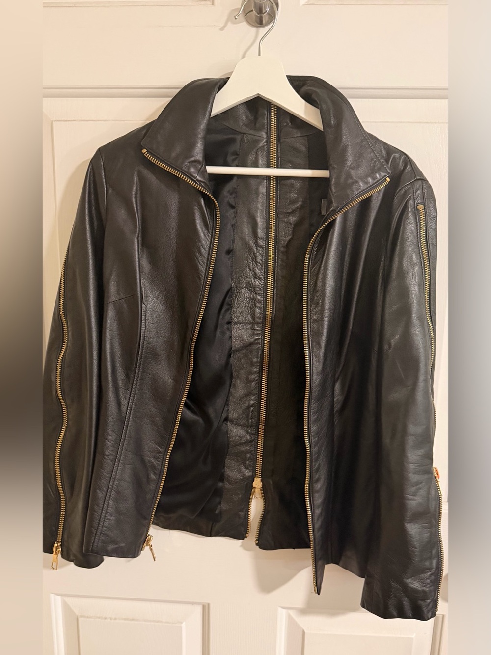 Black Leather Jacket with Gold Zippers - Classic Moto Style